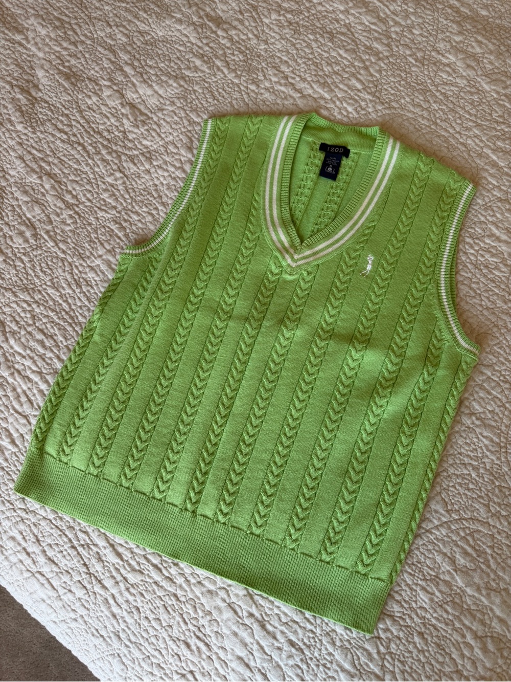 Izod Lime Green Cable Knit V-Neck Sweater Vest with White Trim